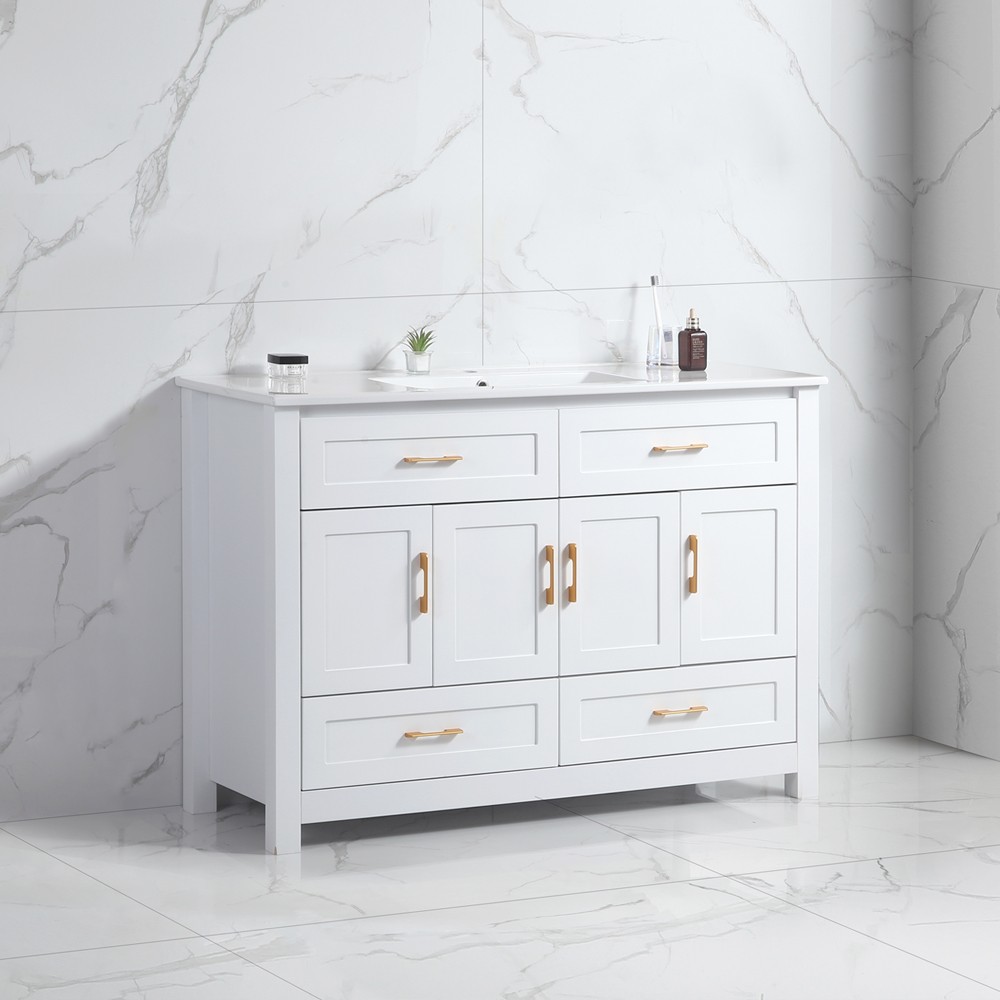 48 Inch White Bathroom Vanity with 4 Doors 4 Drawers