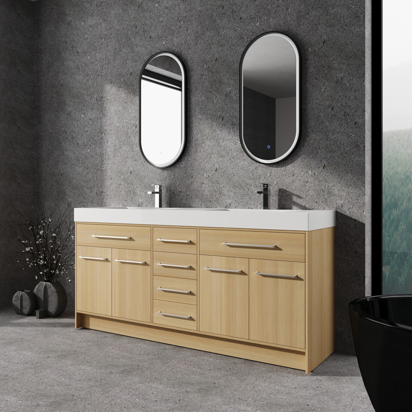 72 in Plywood Bathroom Vanity Freestanding W/Double Resin Sink+4 Doors 6 Drawers