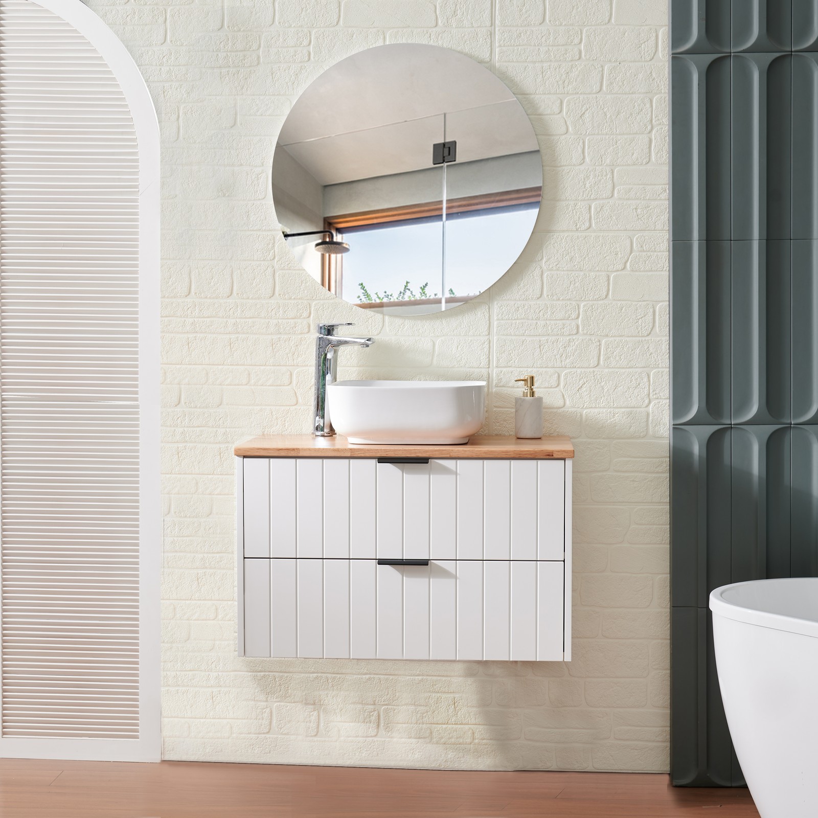 32 Inch Double Drawer Wall Mount Bathroom Vanity White Cabinet Solid Wood Top