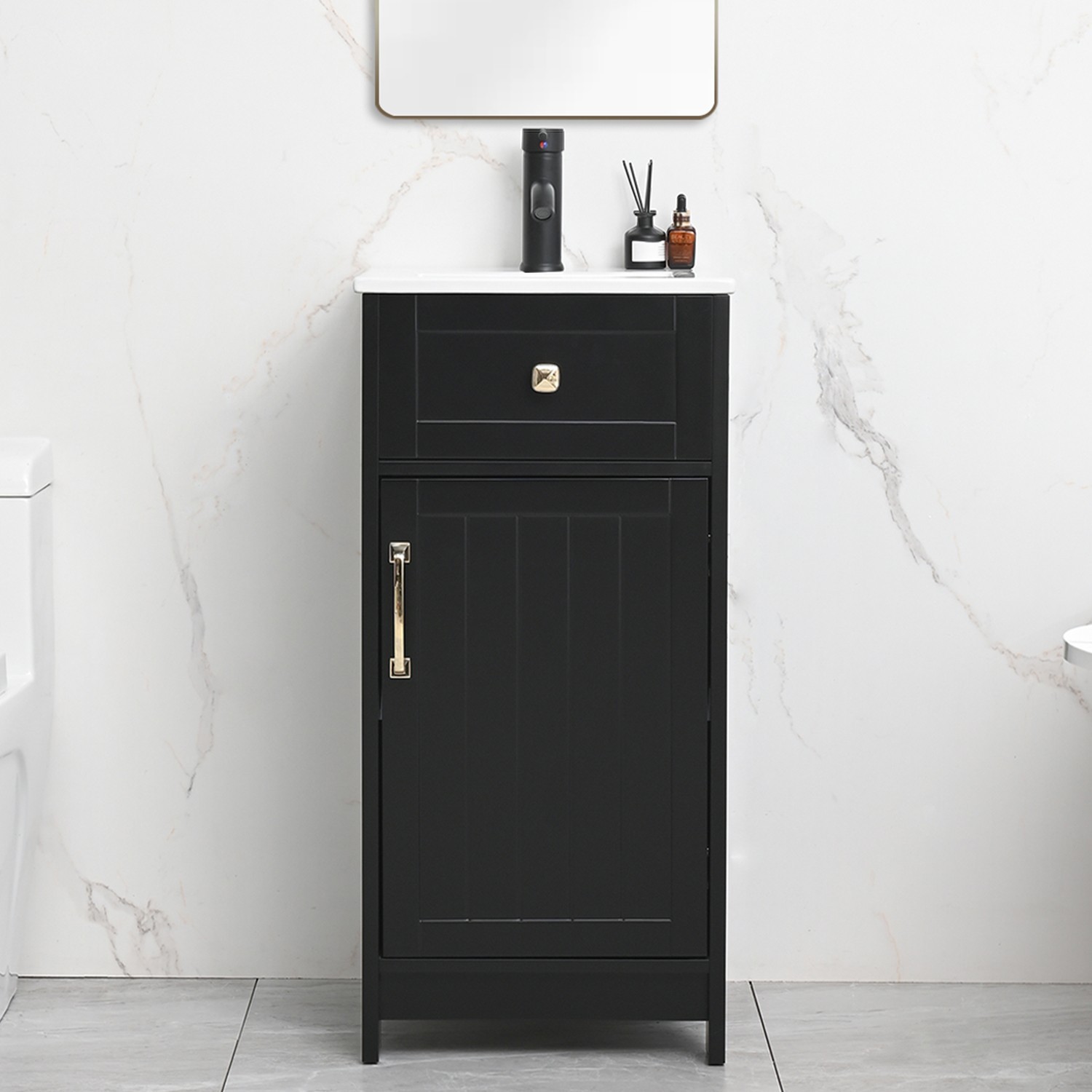 16″ Small Bathroom Vanity with Sink Cabinet Set Ceramic Sink Faucet &Drain Combo