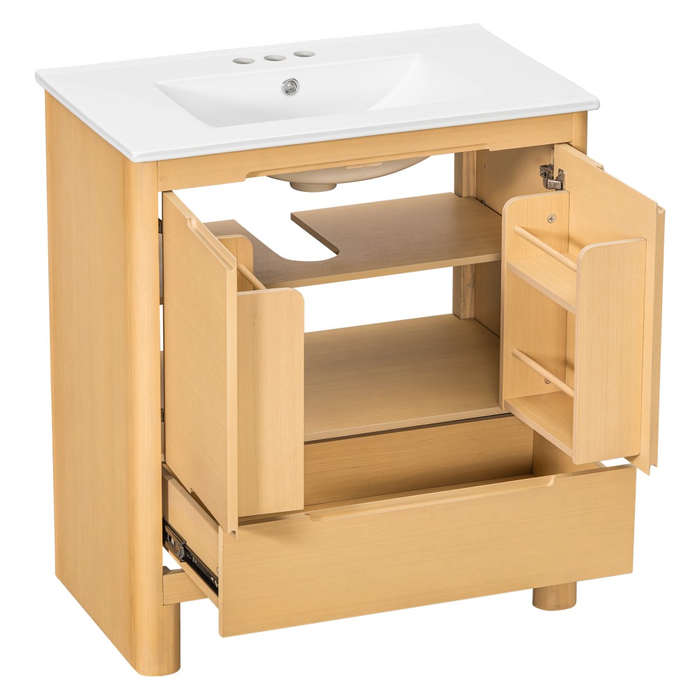 30″ Softened Modern Bathroom Vanity with Ceramic Sink, Natural Wood Grain