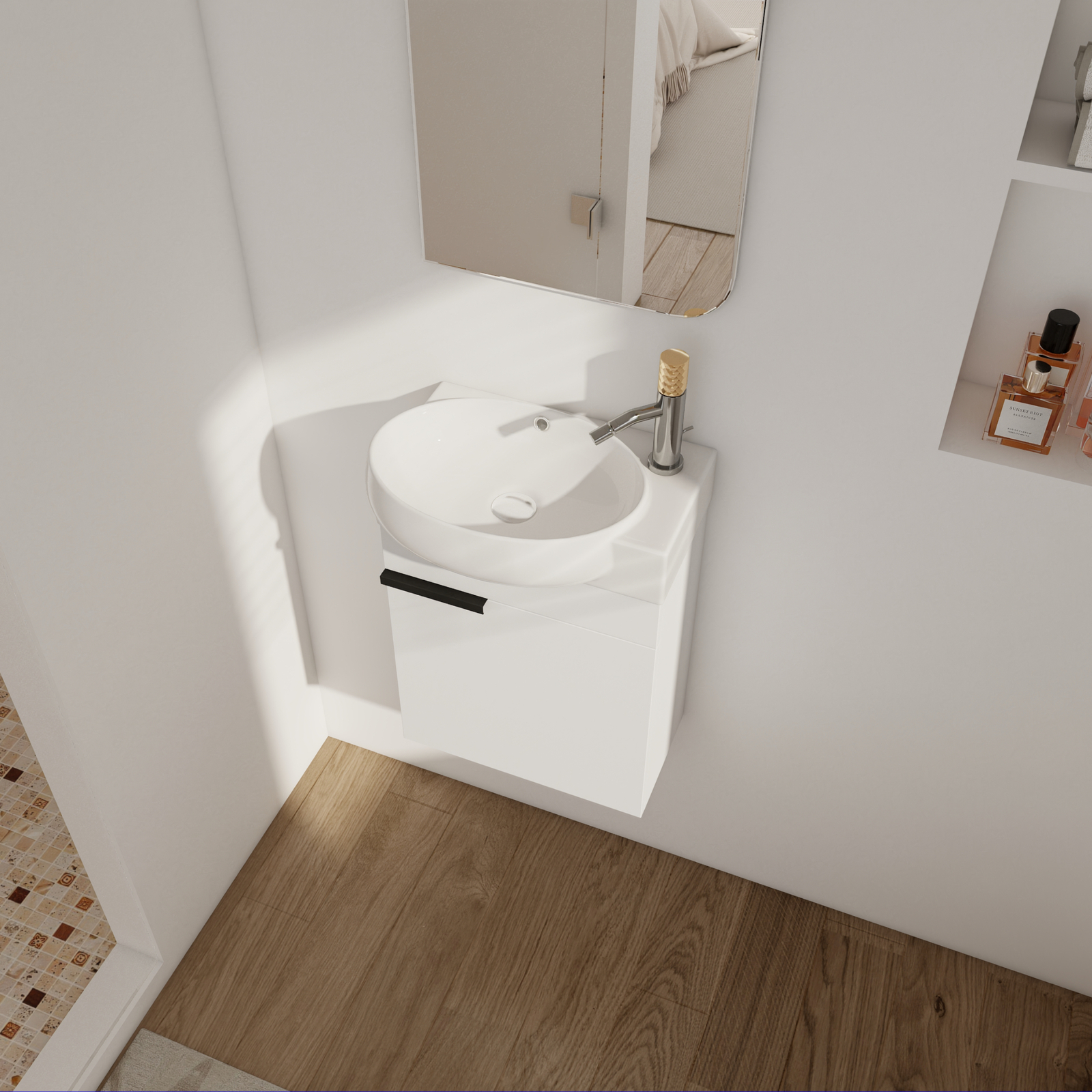 16″ Wood Floating Wall Mounted Bathroom Vanity +Round Sink for Small Space White