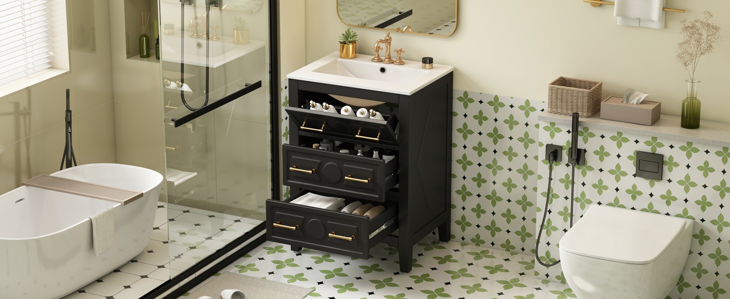 24” Bathroom Vanity with Ceramic Sink, 3 Drawers, Solid Wood Frame Retro Black