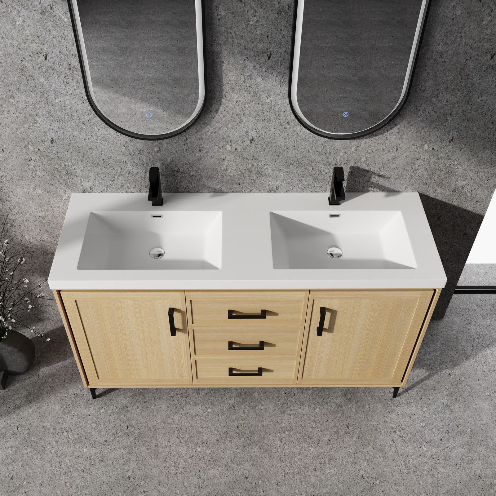60 in Plywood Bathroom Vanity Freestanding W/Double Resin Sink +2 Doors 3Drawers