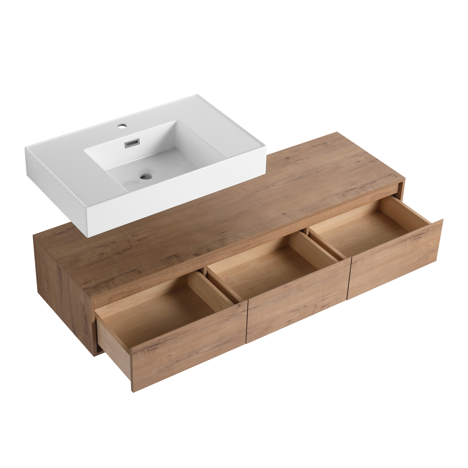 60″ Wood Wall Mount Bathroom Vanity Resin Sink Floating Vanity Sink Vessel Sink
