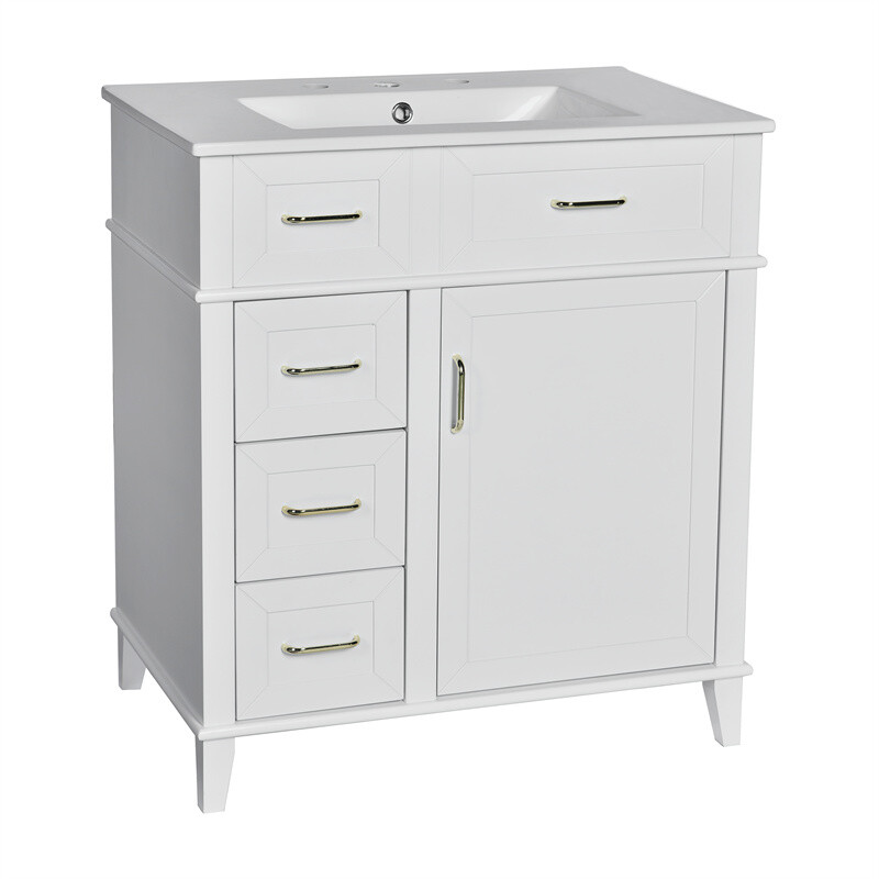 30in White Bathroom Vanity with Ceramic Freestanding Cabinet w/Door & 3 Drawers