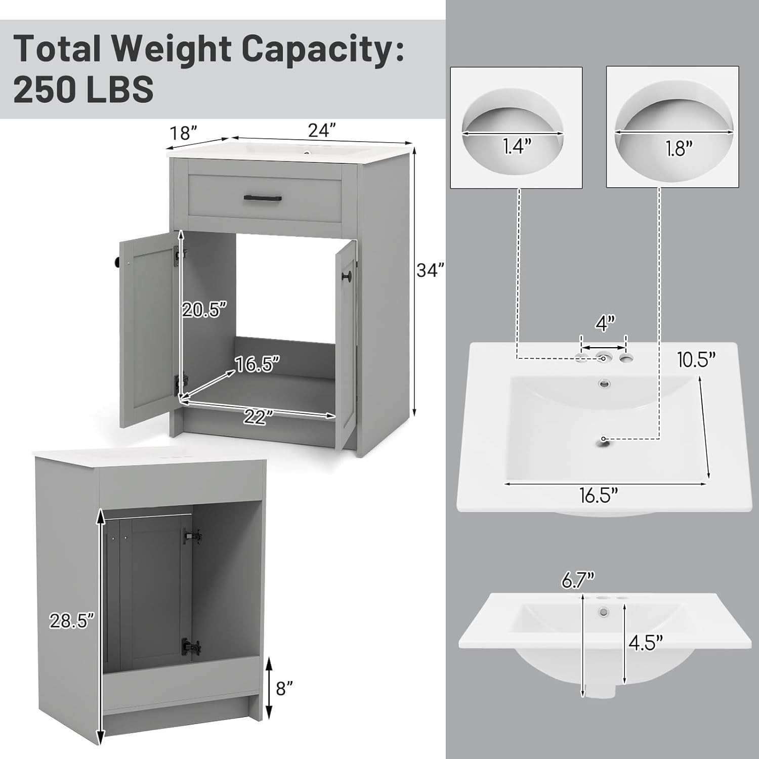 Modern 24” Bathroom Vanity with Undermount Sink & Storage Cabinet Combo