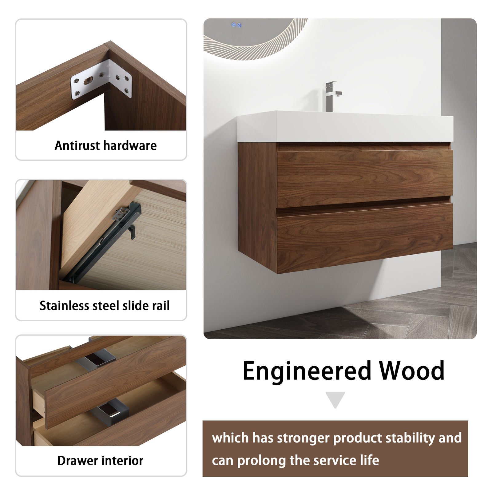 36 inch Bathroom Vanity Wall Mounted W/ Undermount Resin Sink + 2 Drawers Brown