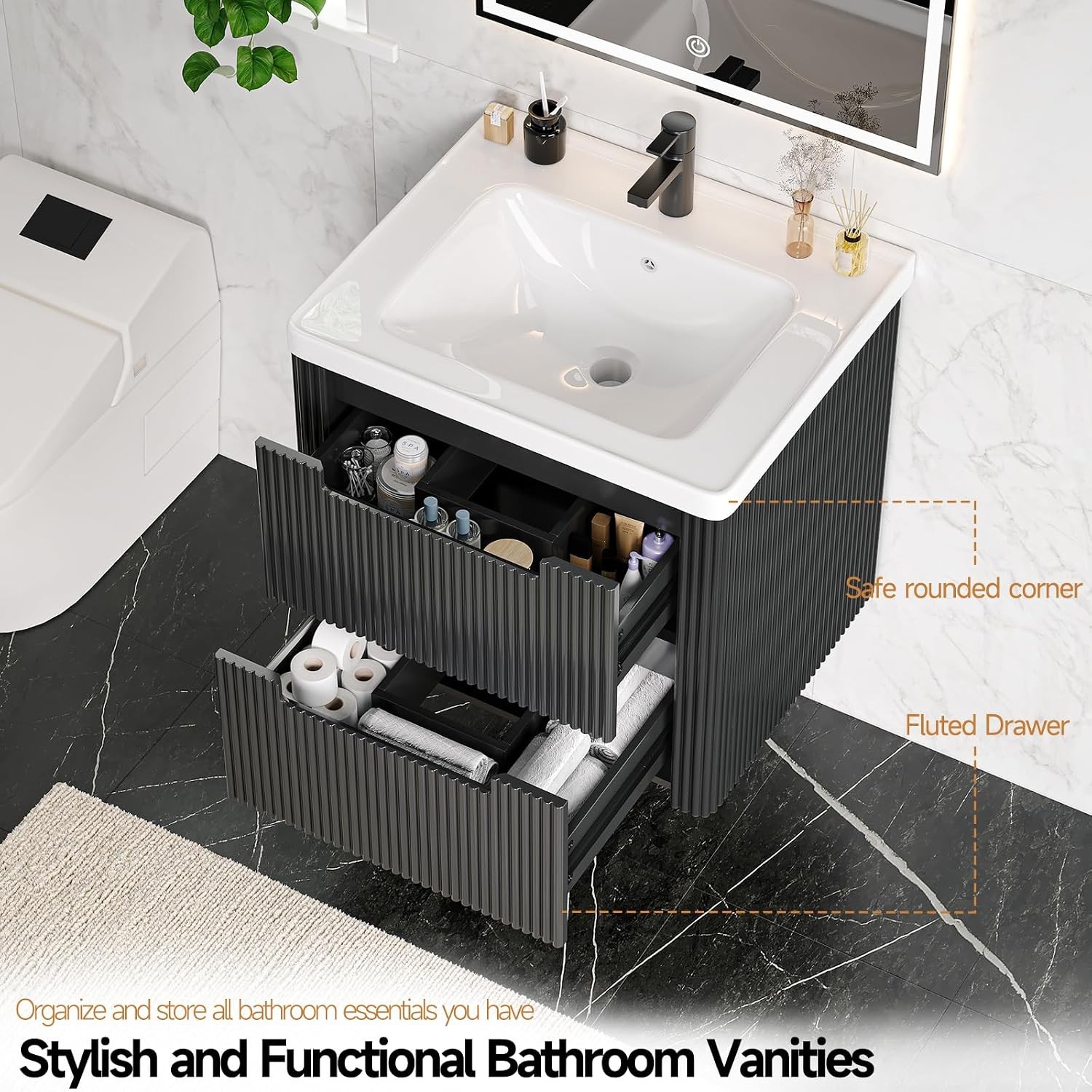 Modern Bathroom Vanity W/ Sink Combo Curved Floating Bath Vanity W/ 2 Drawers