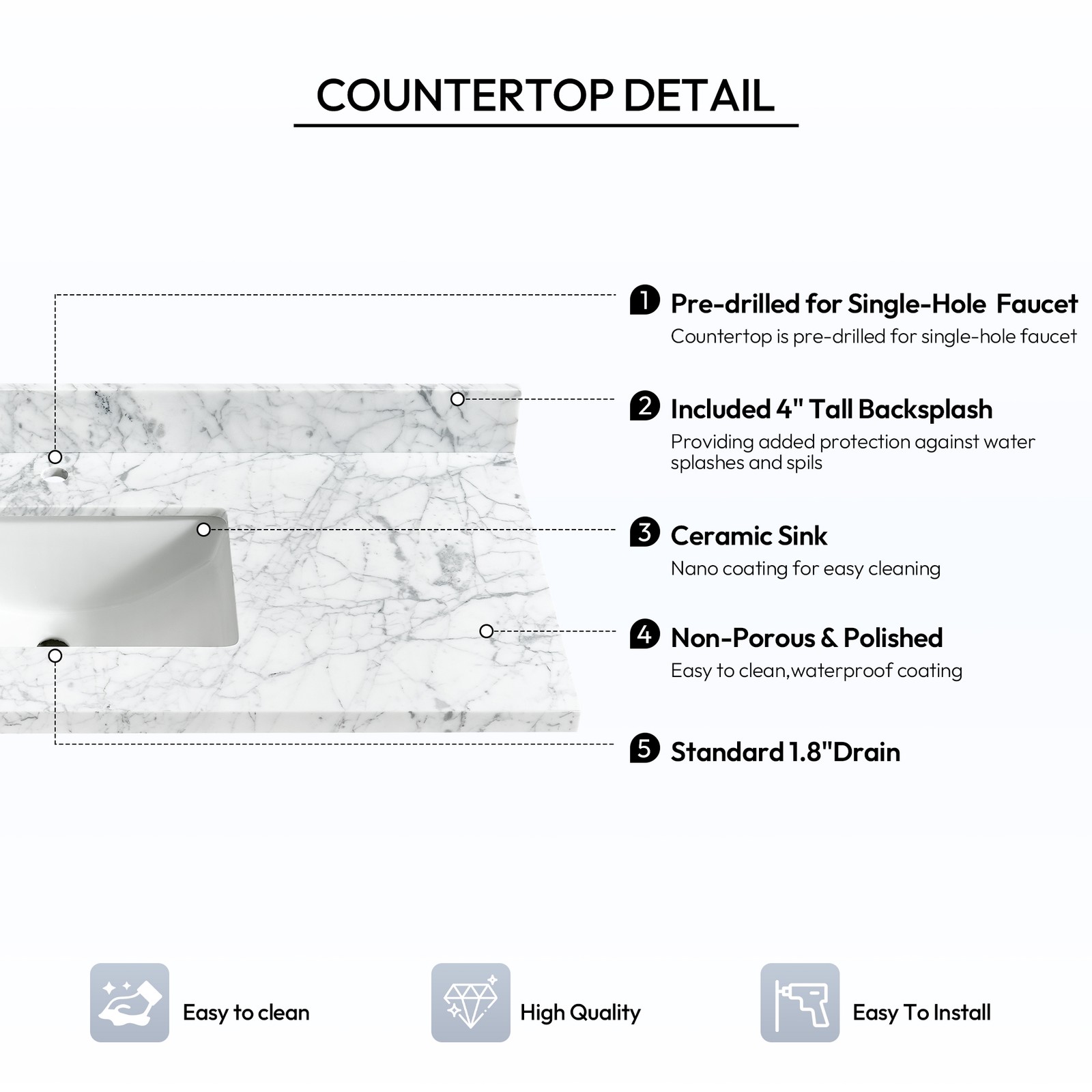 Zevio 49″W x 22″D Natural Marble Vanity Top in Carrara White with Ceramic Sink