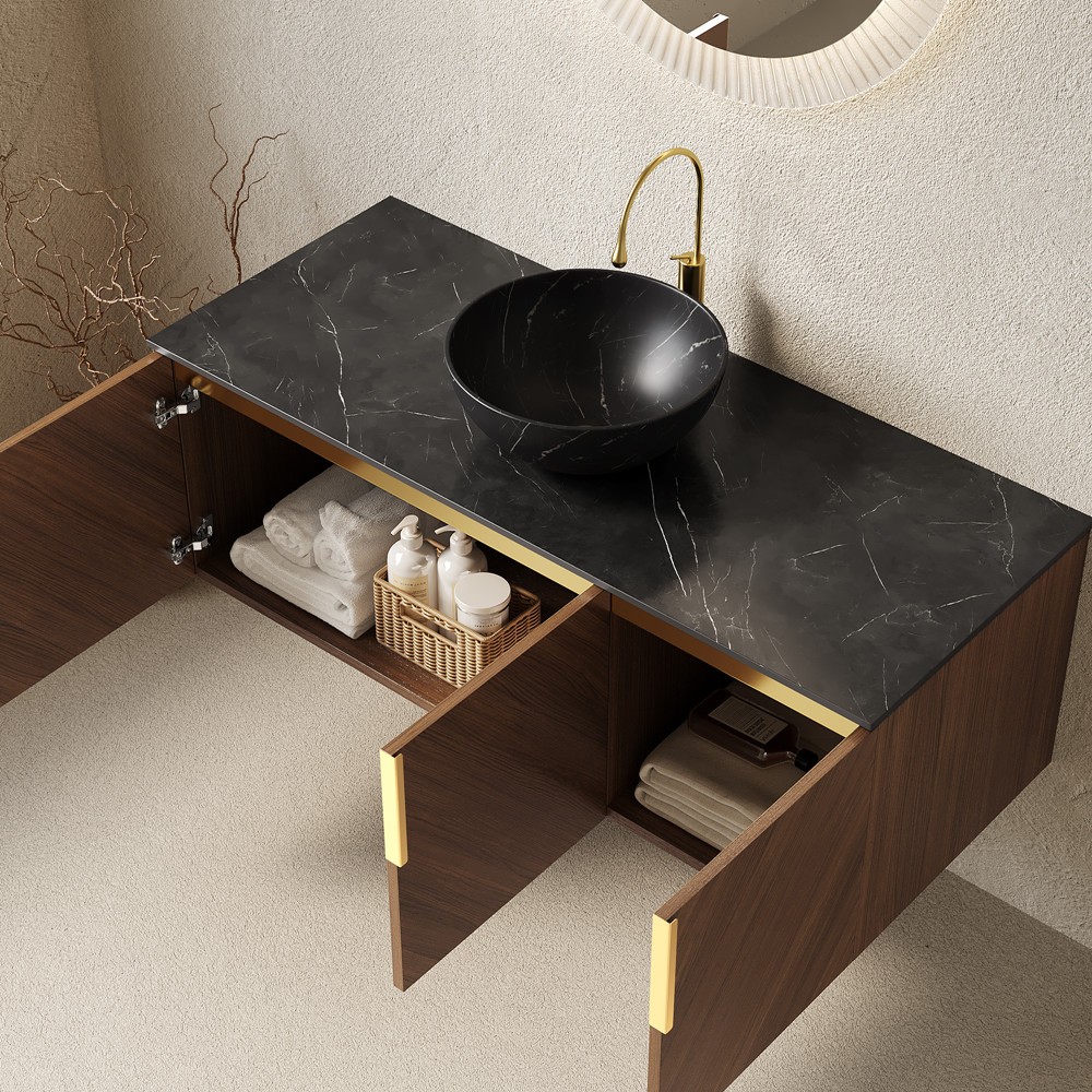 48″ Wall Mounted Bathroom Vanity w/Round Sink, Floating Vanity Cabinet, 3 Doors