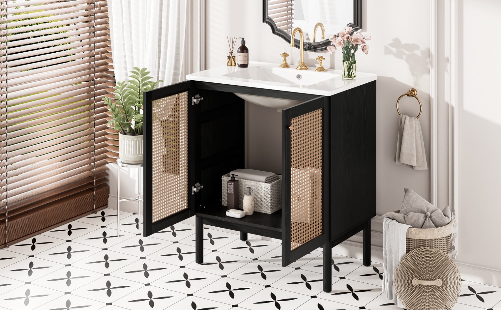 30″ Bathroom Vanity w/ Sink, Freestanding Vanity Storage Cabinet, 2 Rattan Doors