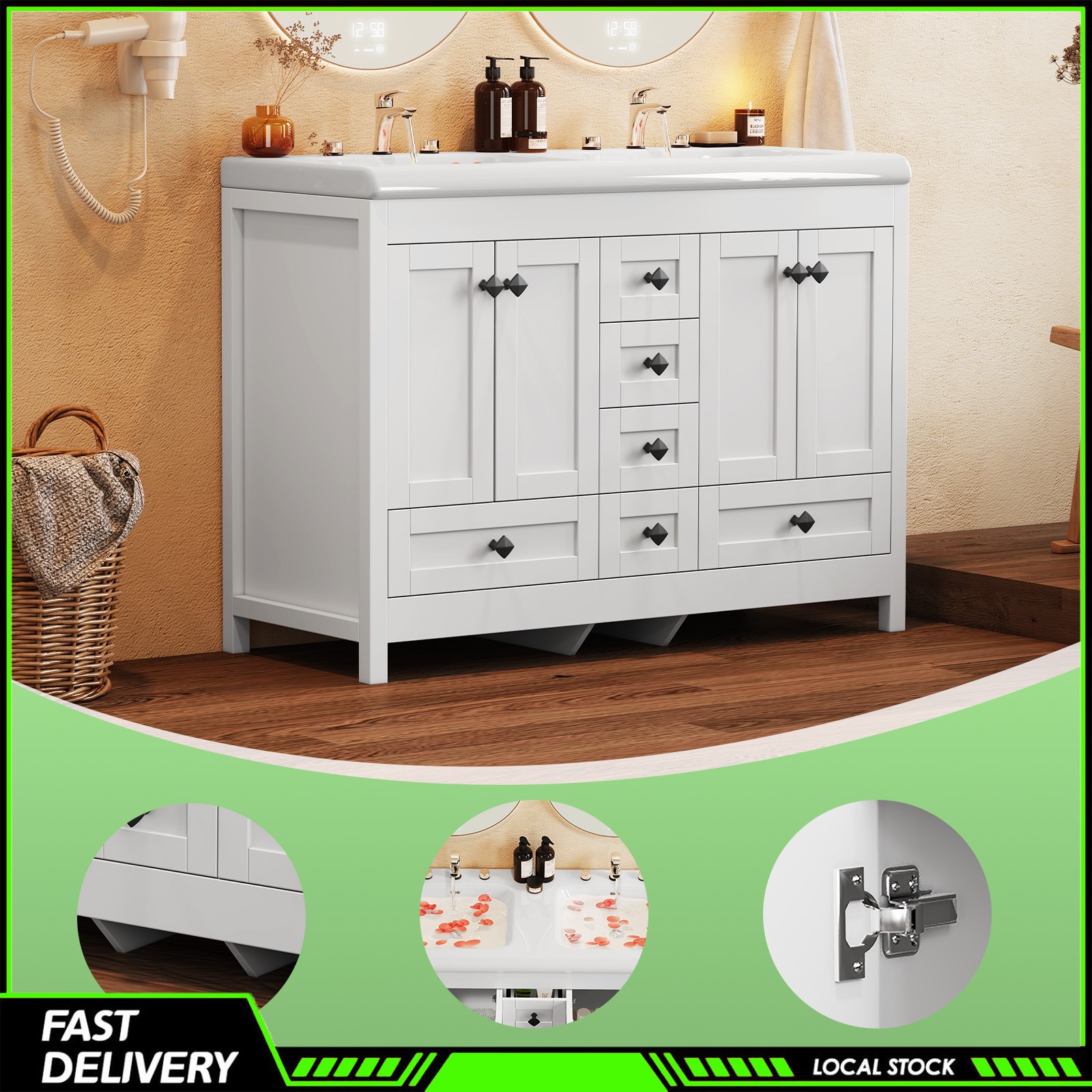47 Inch White Modern Bathroom Vanity Double Ceramic Sinks Freestanding 5 Drawers