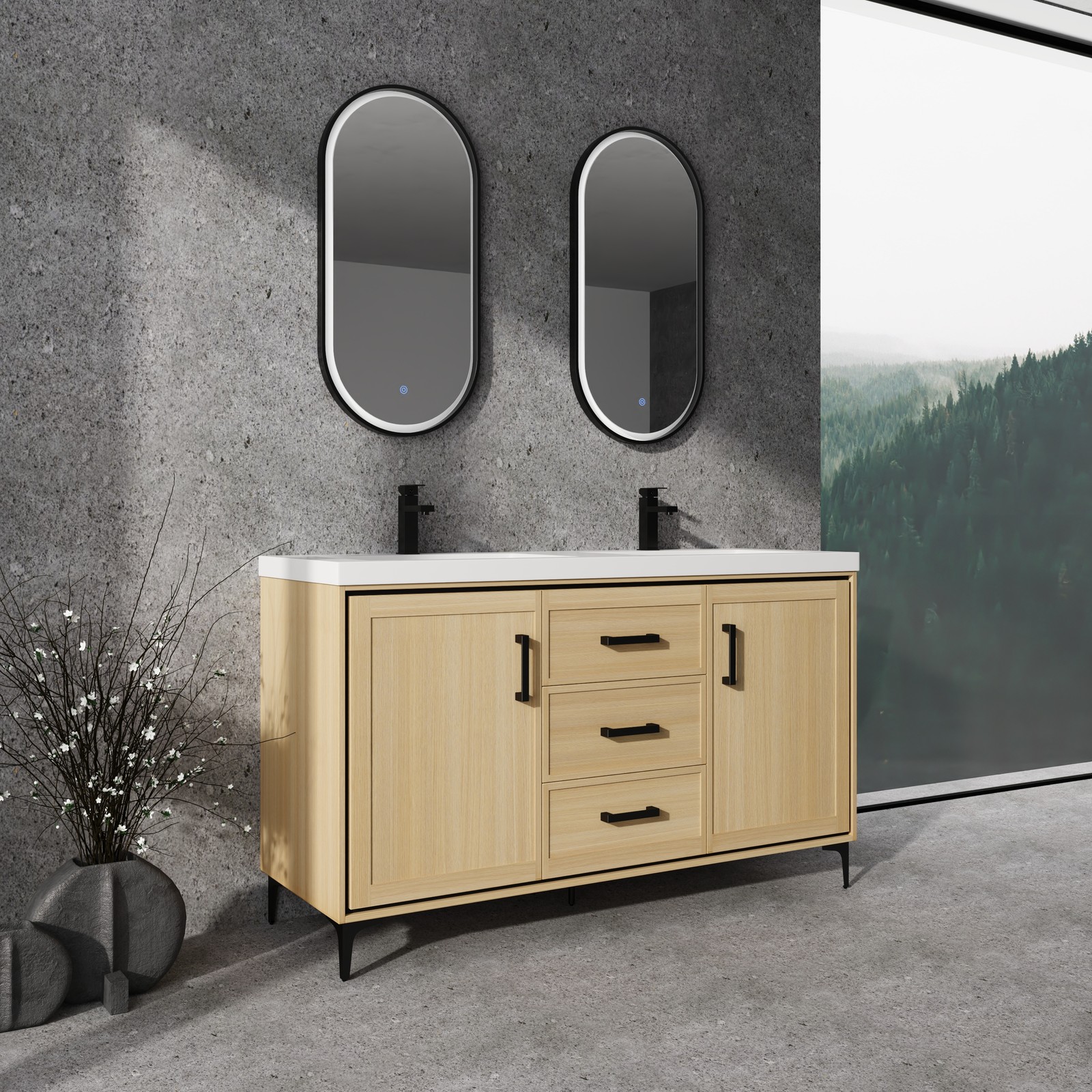 60 in Plywood Bathroom Vanity Freestanding W/Double Resin Sink +2 Doors 3Drawers