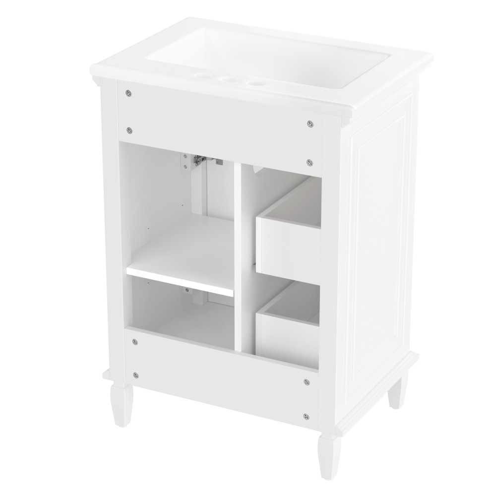 24 Inch White Bathroom Vanity with Ceramic Sink Solid Wood MDF Cabinet