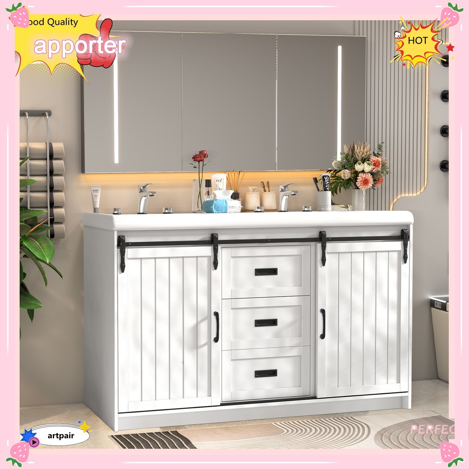 47″ Bathroom Vanity Cabinet Freestanding Storage Compartment + 2 Ceramic Sink