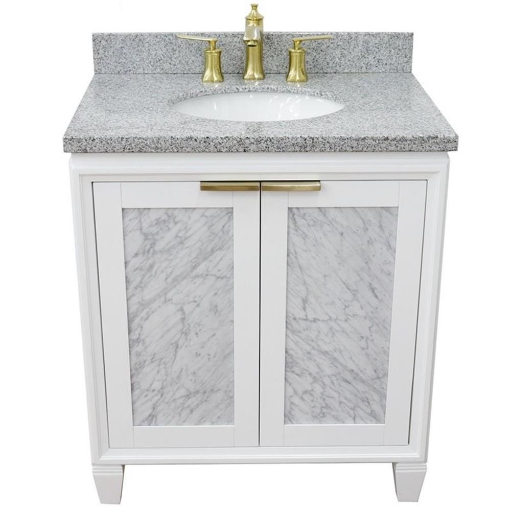 Trento 31″ Single Oval Sink Solid Wood Vanity in White/Gray Granite Stone