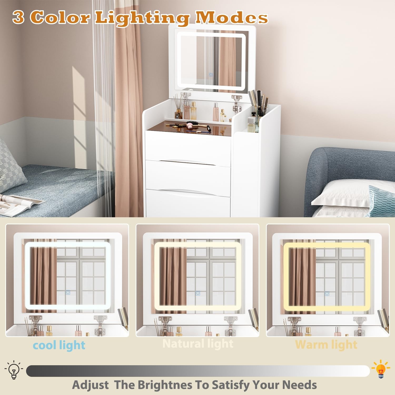 White Vanity Set with LED Mirror 3-Tier Shelf Stool Drawers Organizer Glass Top