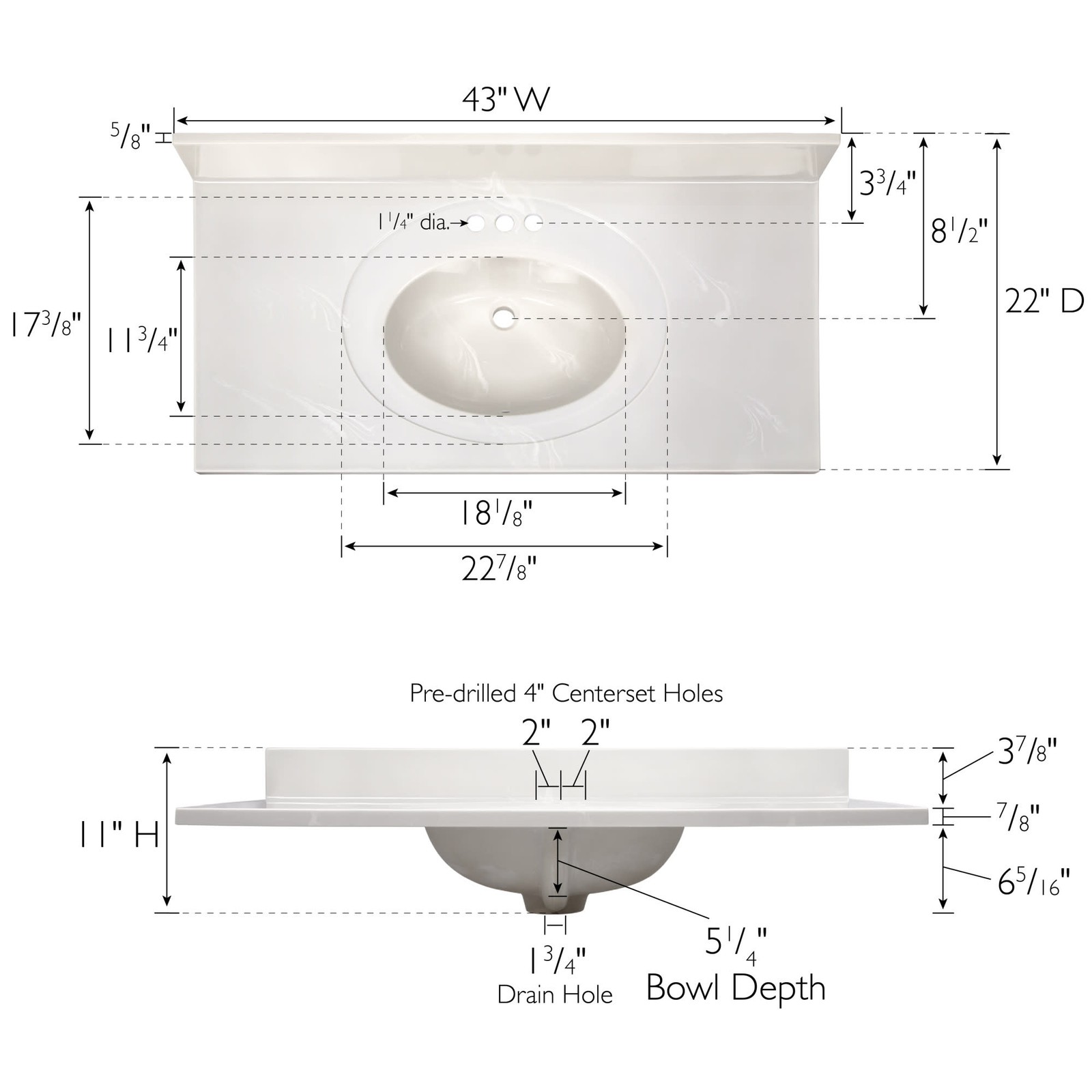Design House 586164 43″ Cultured Marble Vanity Top – White