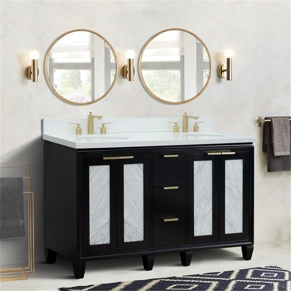Pemberly Row 61″ Double Oval Sink Solid Wood Vanity in Blue/White Quartz Stone