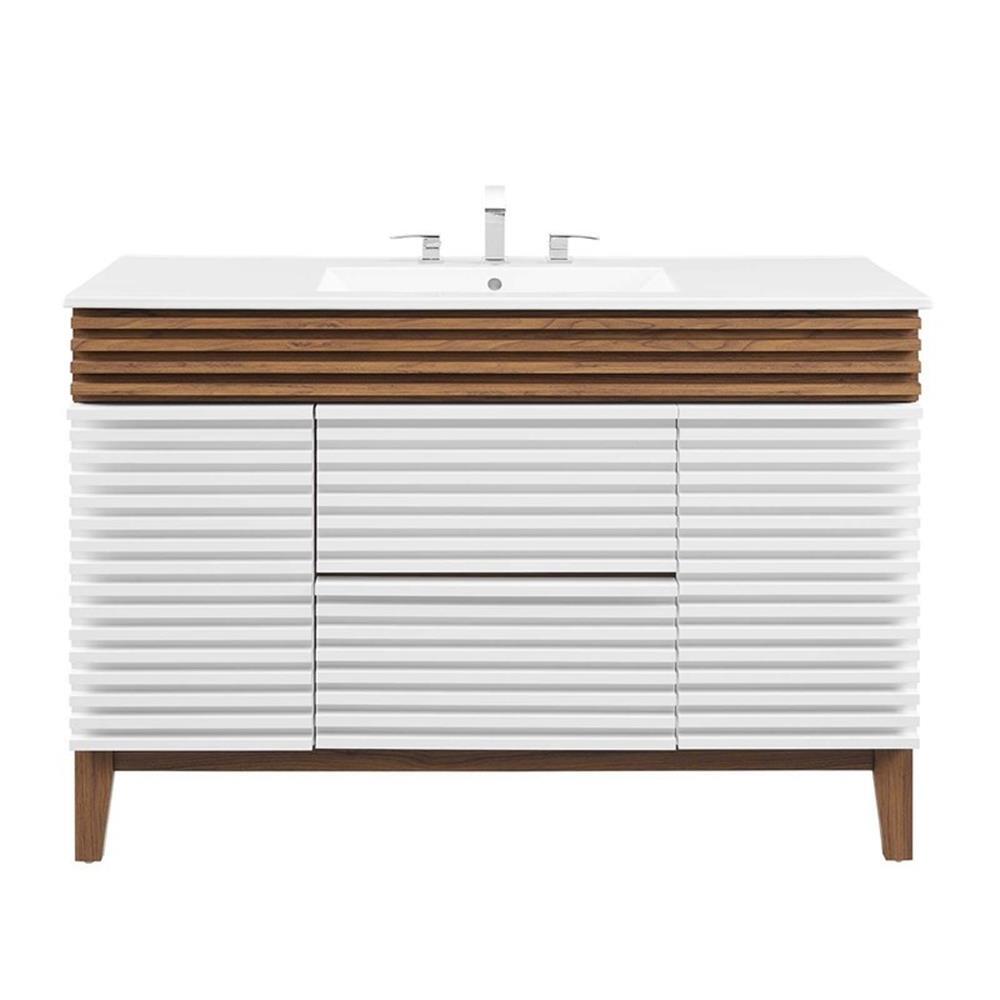 Modway Render 48″ Plastic and Wood Single Sink Bathroom Vanity in White/Walnut