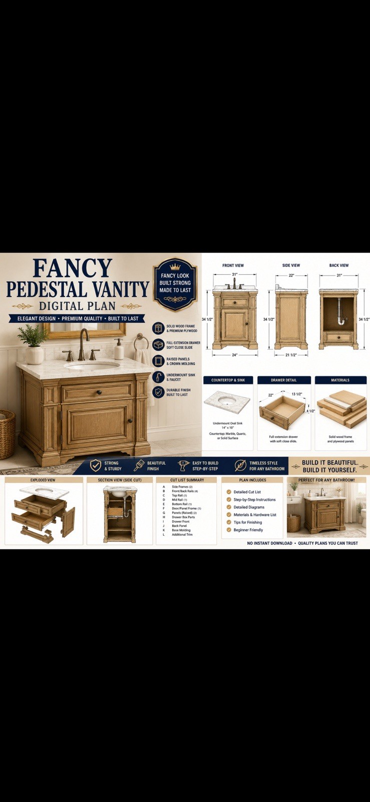 DIGITAL PLANS Pedestal Vanity 31in Single Sink Freestanding Vanity