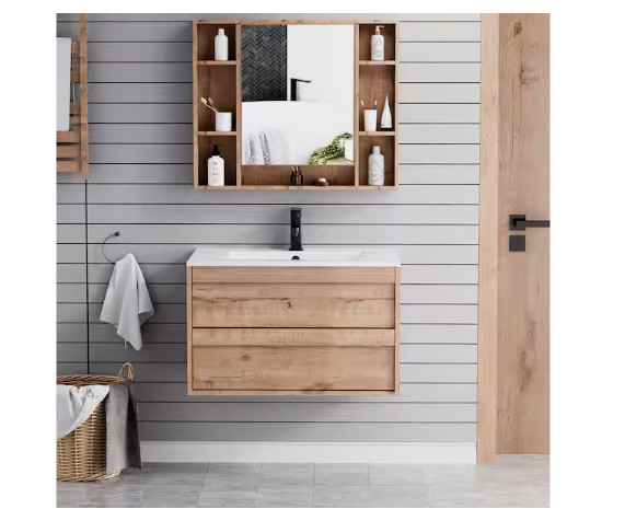 eclife 30″ Floating Oak Single Sink Bath Vanity White Resin Top Faucet Set