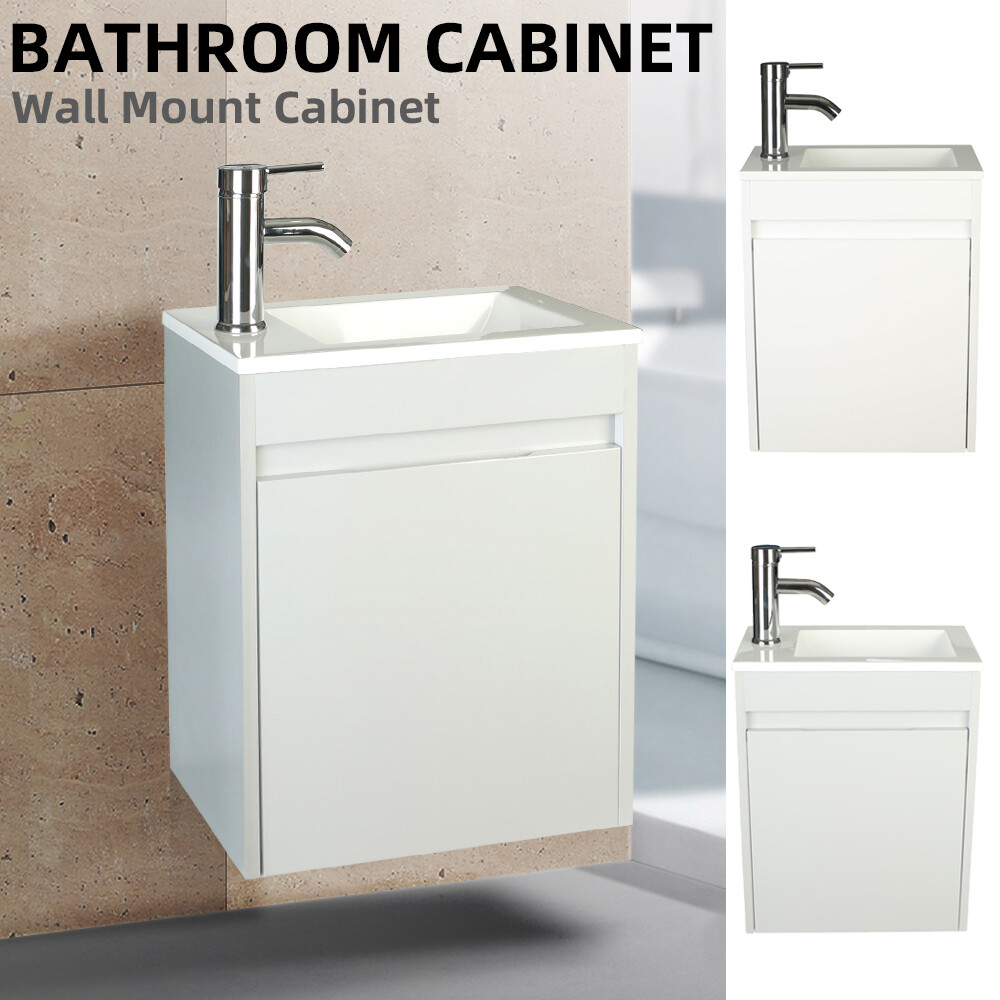 16″Bathroom Vanity Wall Mount Cabinet Resin Sink Faucet Vessel Drain Combo Set