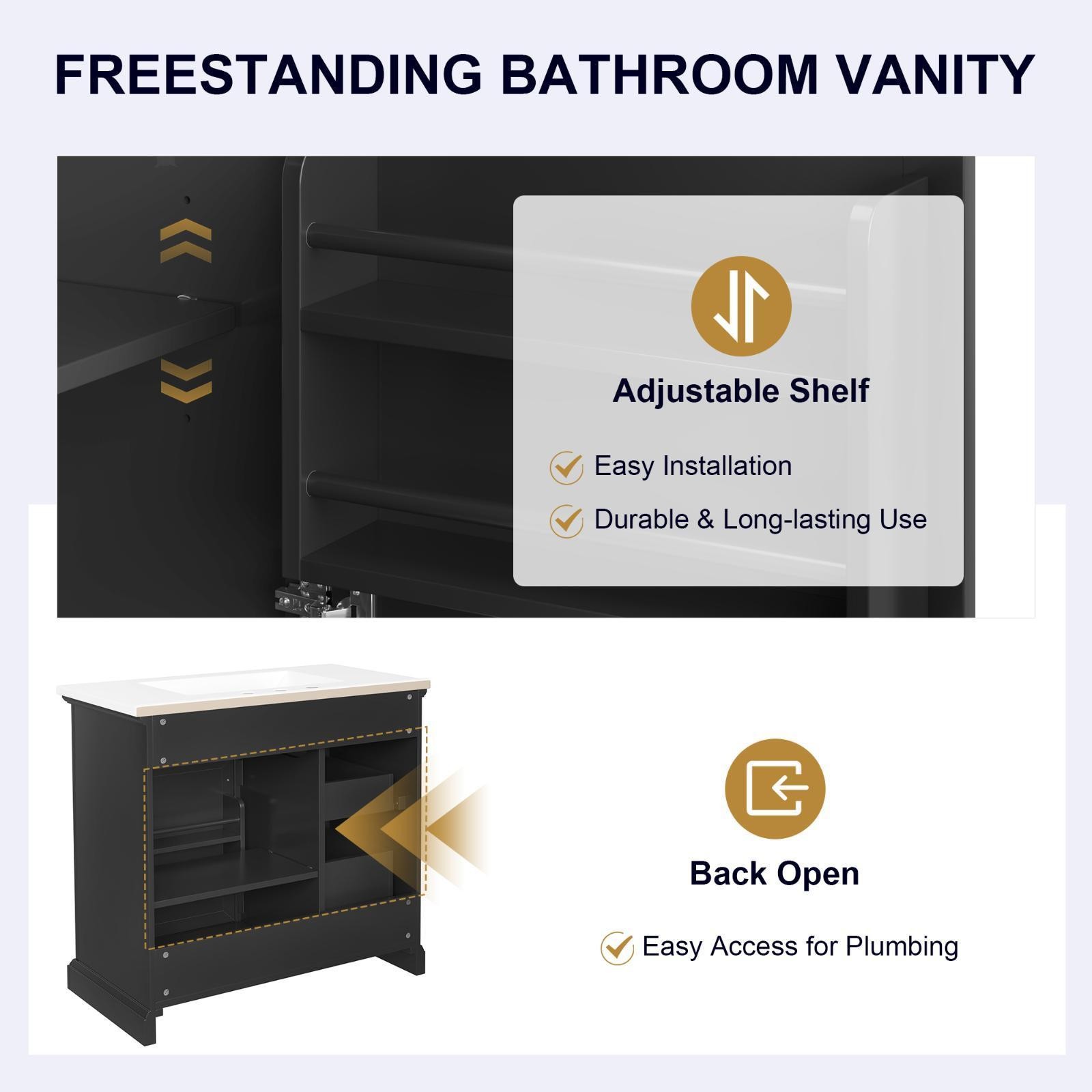 Modern 36-Inch Black Bathroom Vanity with Ceramic Sink, Soft-Close Door, 4