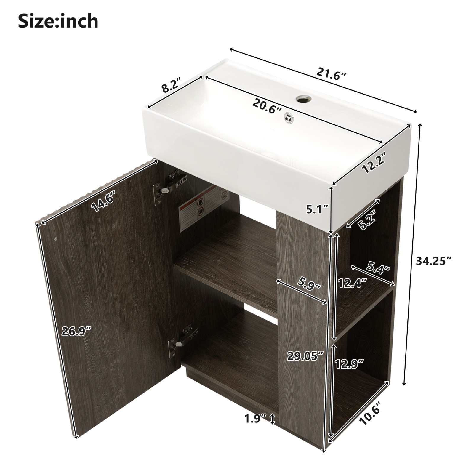 21.6″ bathroom vanity w/ceramic sink,freestanding left door storage cabinet
