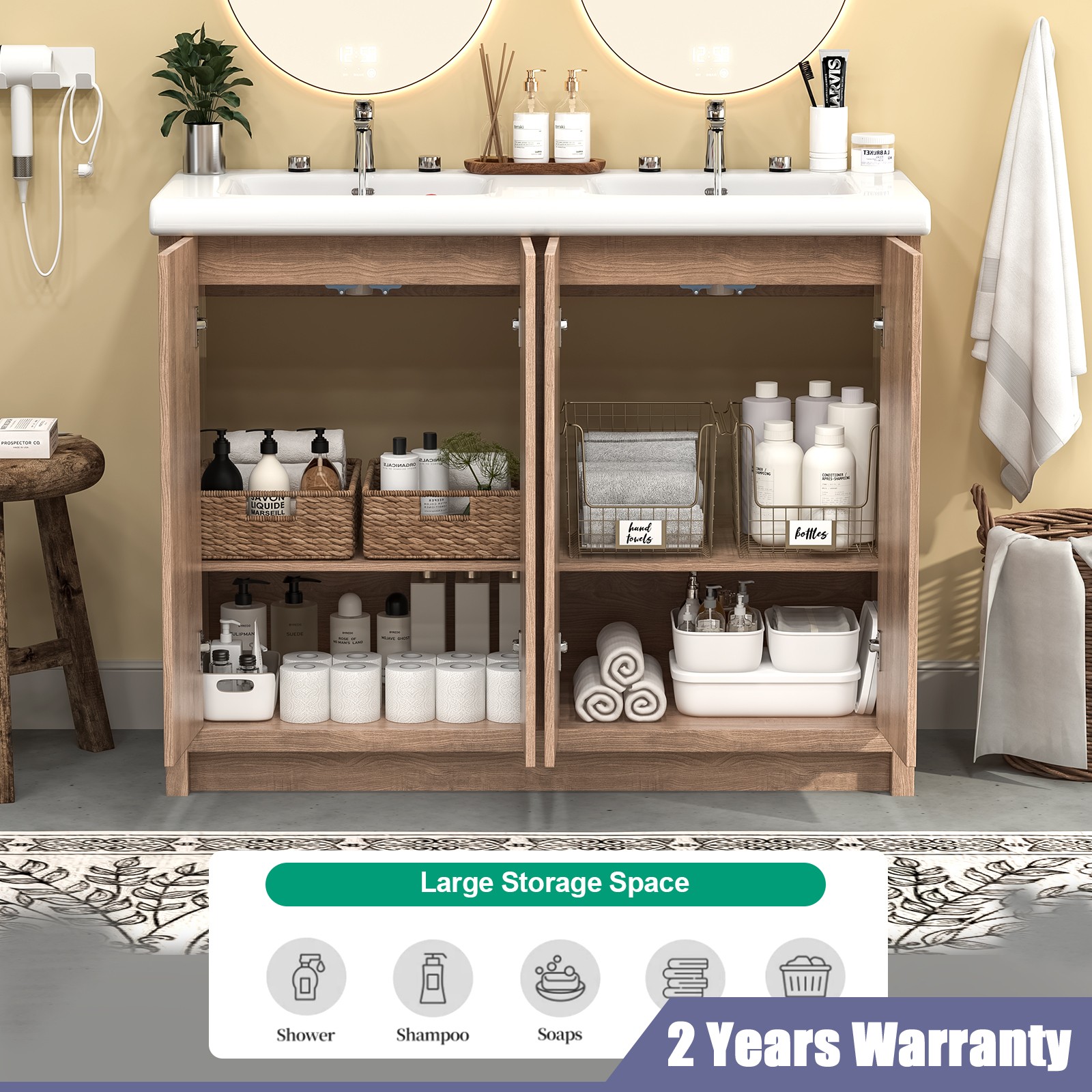 47″ Large Bathroom Vanity Set Double Sink Ceramic Freestanding Cabinet Storage
