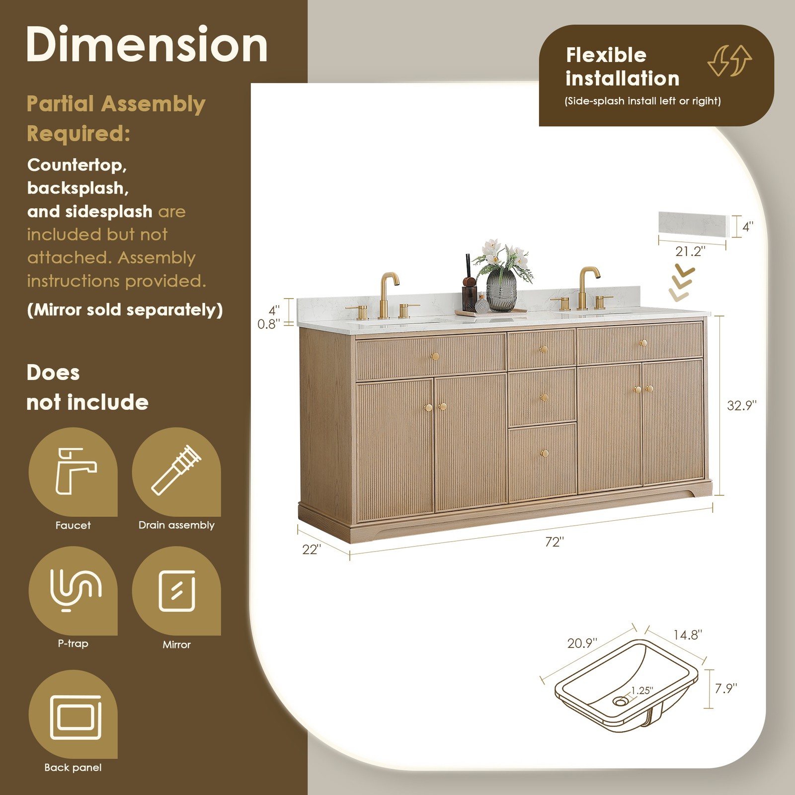 Barnett 72″ Wood Vanity in Natural Oak with White Engineered Stone Top No Mirror