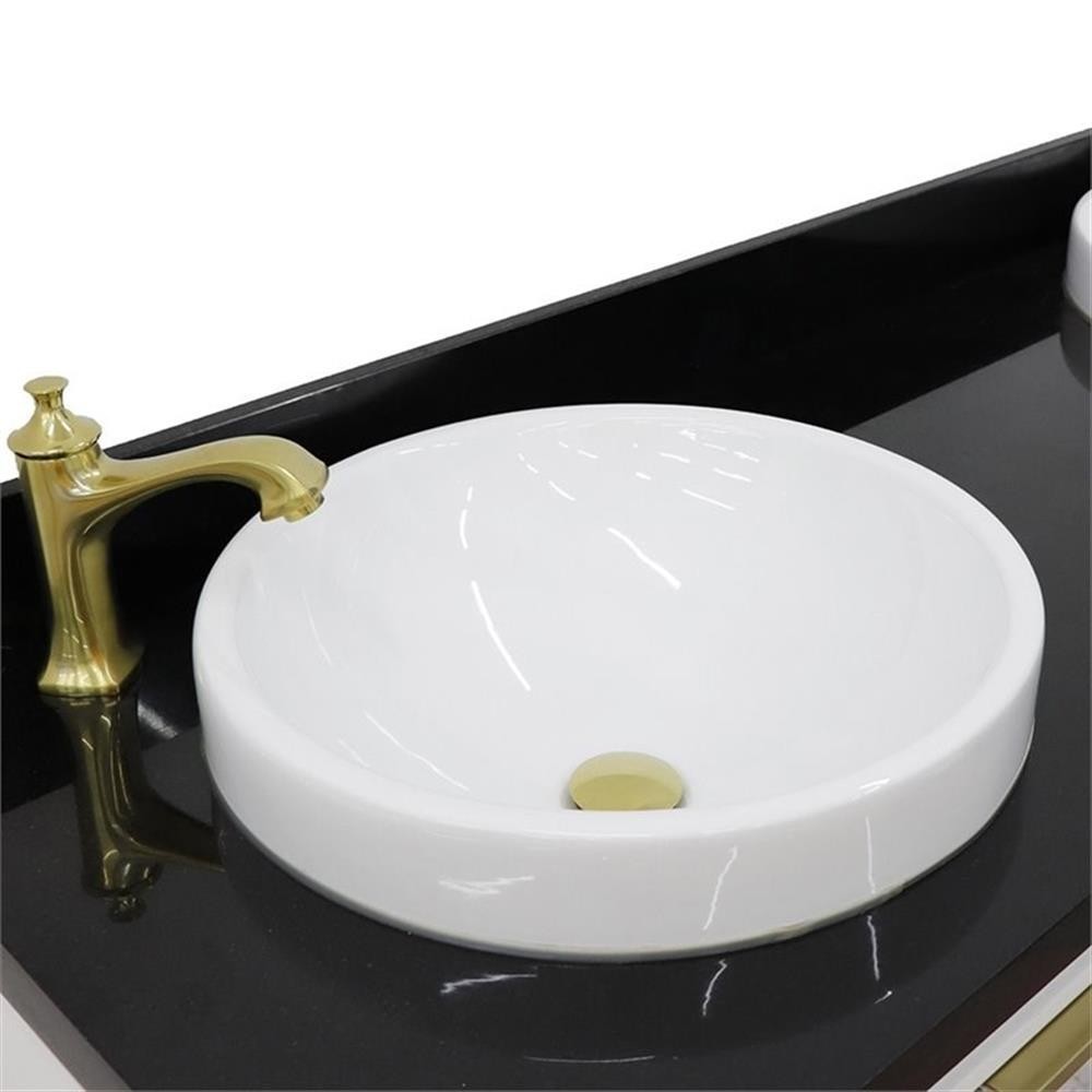 Trento 61″ Double Round Sink Solid Wood Vanity in White/Black Galaxy