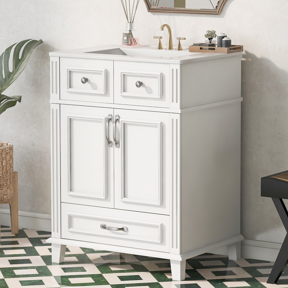 24″ Bathroom Vanity w/ Ceramic Sink, Solid Wood Frame, Soft Close Doors, White