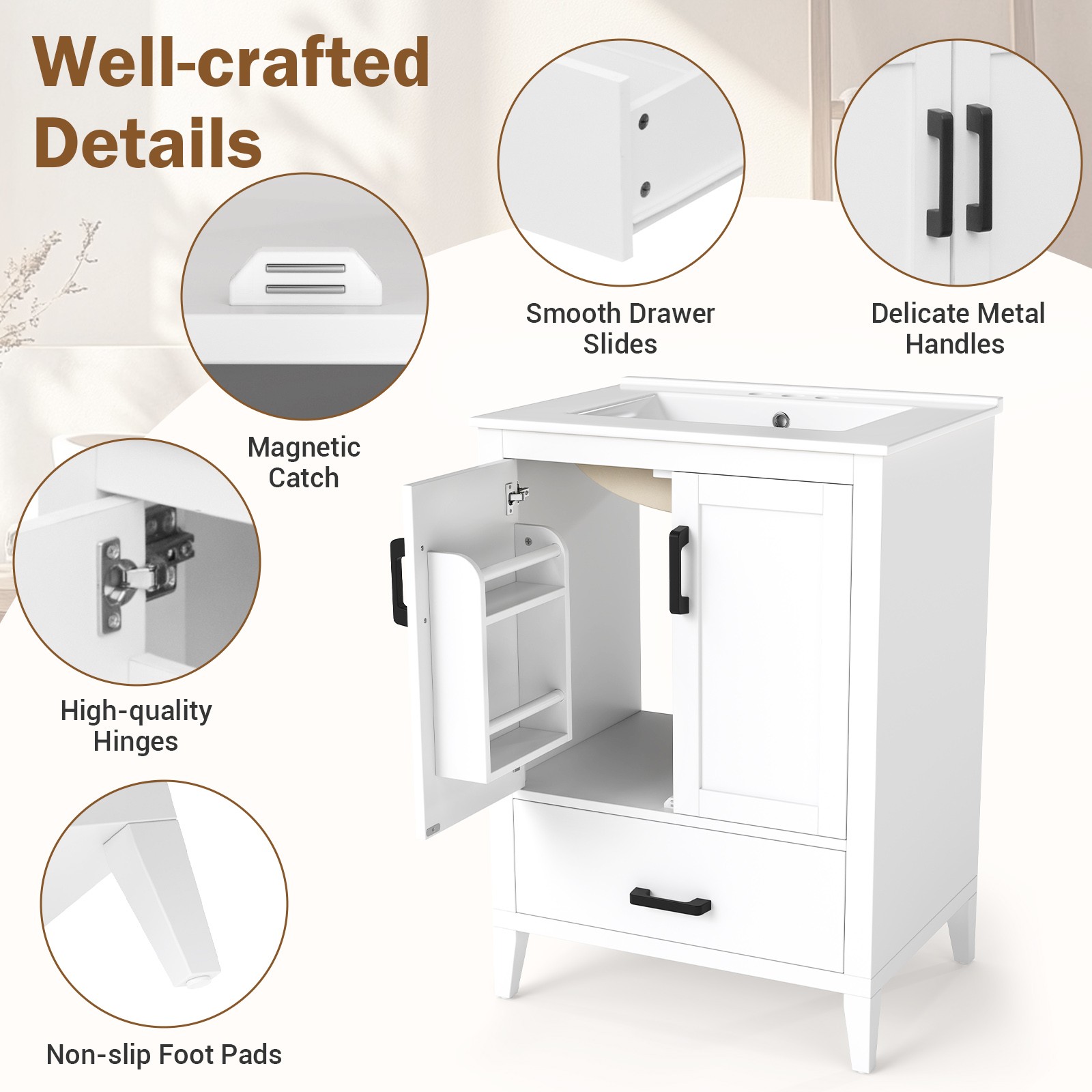24.5” Modern Bathroom Vanity w/Sink, 2 Doors & Drawer, Rubber Wood Legs, White