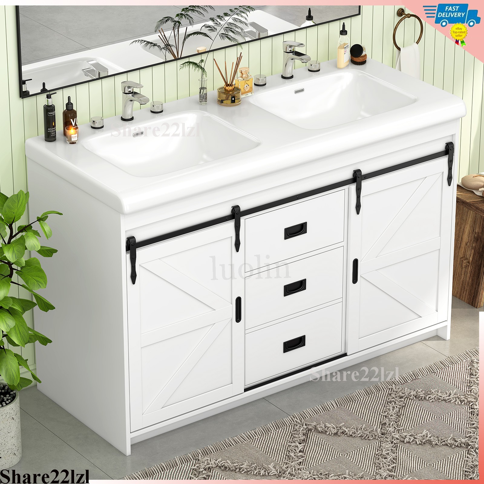 47Inch Bathroom Vanity Modern Bathroom Storage Cabinet with Double Ceramic Sink