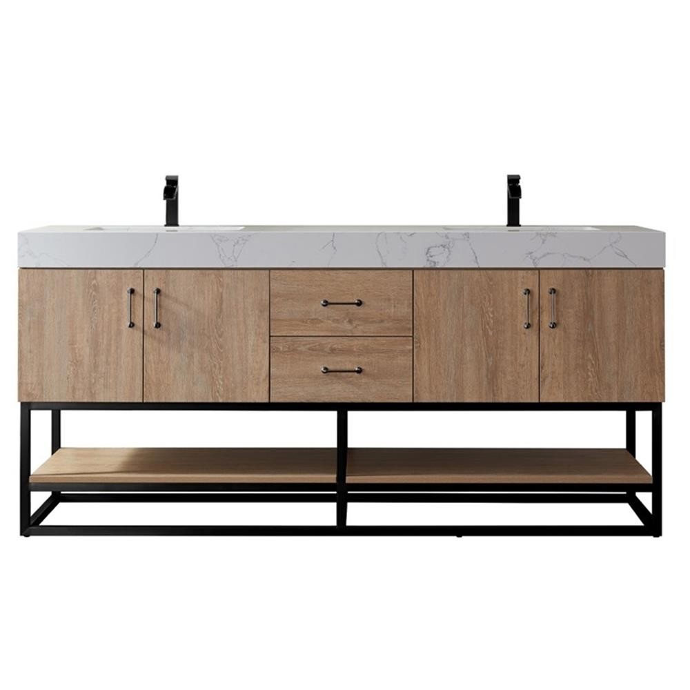 Pemberly Row 72″ White Stone Top Oak Double Vanity Black Frame w/o Mirror