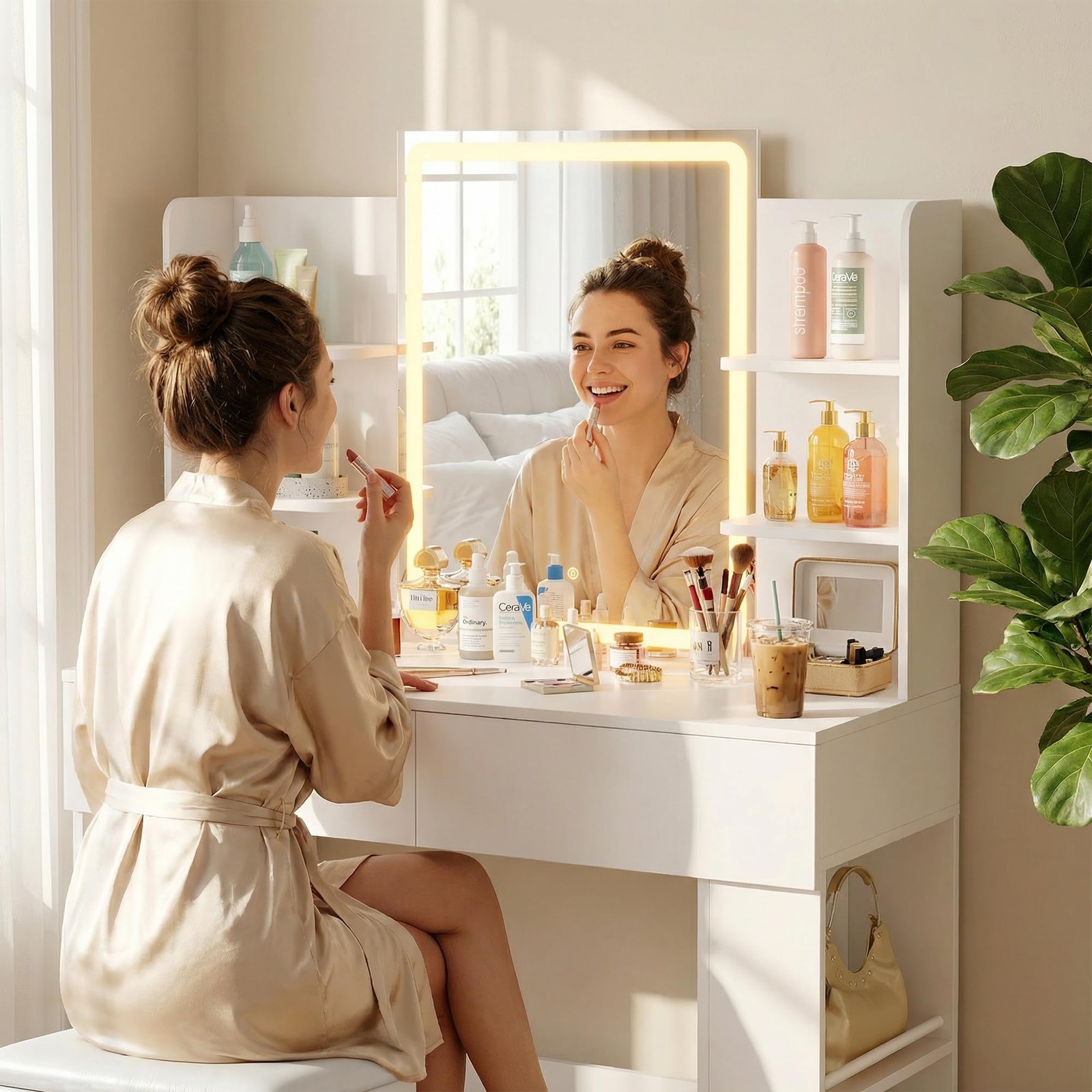 3 Color Dimmable LED Vanity Desk with Mirror 2 Drawers Storage Bench White