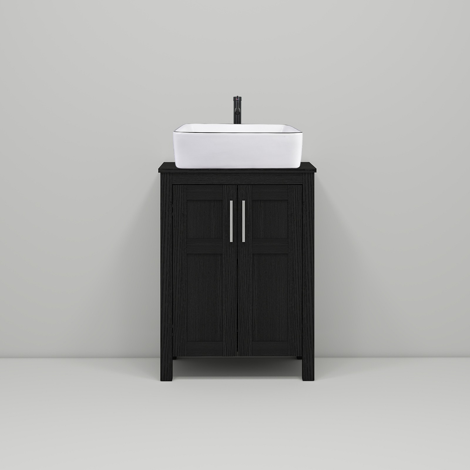 Bathroom Vanity Cabinet With Drawers Mirror Vessel Sink ORB Faucet Set Combo B&W