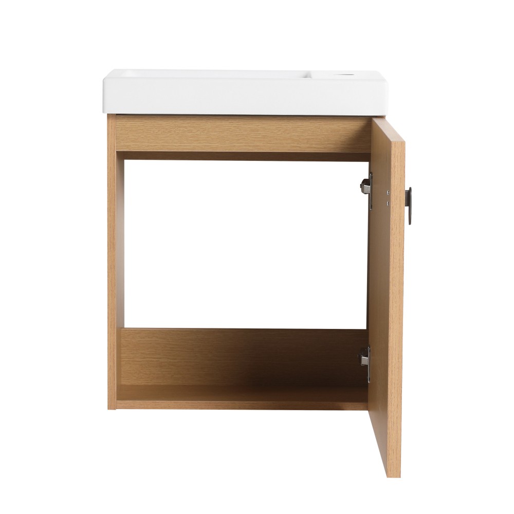 18.5-inch wall-mounted bathroom vanity overhangs to save space