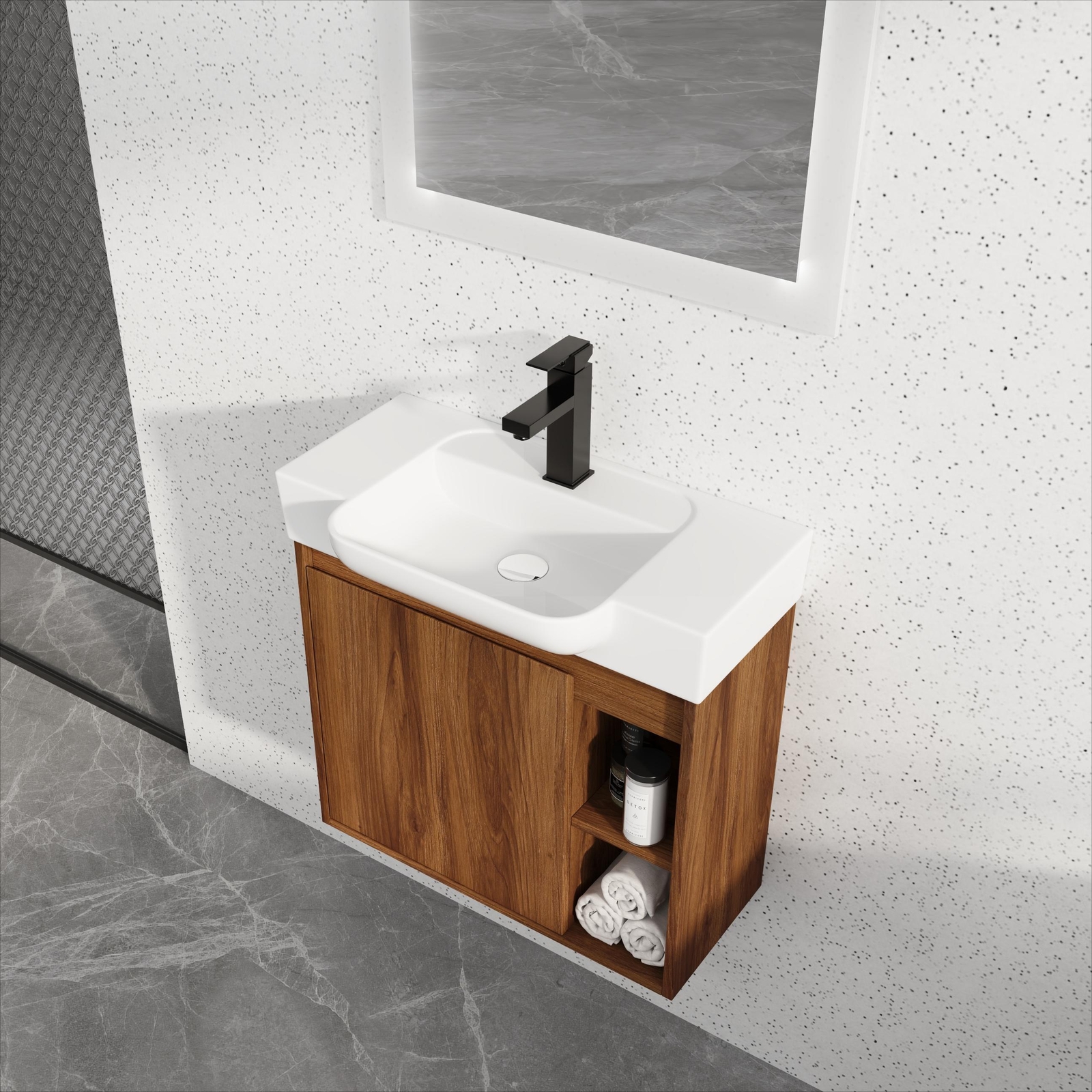 24in Plywood Wall-Mounted Bathroom Vanity W/ Ceramic Sink Basin and Shelf Brown