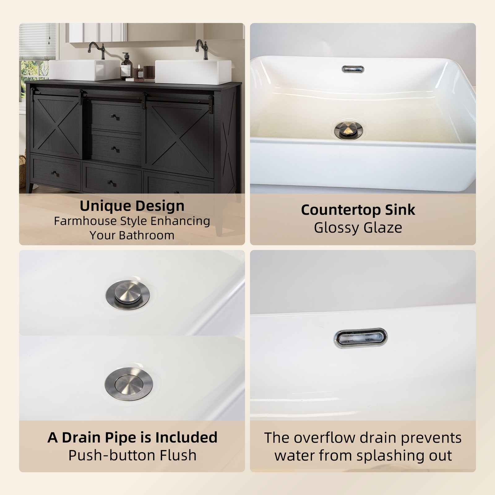 60-inch Bathroom Vanity Cabinet Double Vessel Sink Top Sink Cabinet Modern Wood