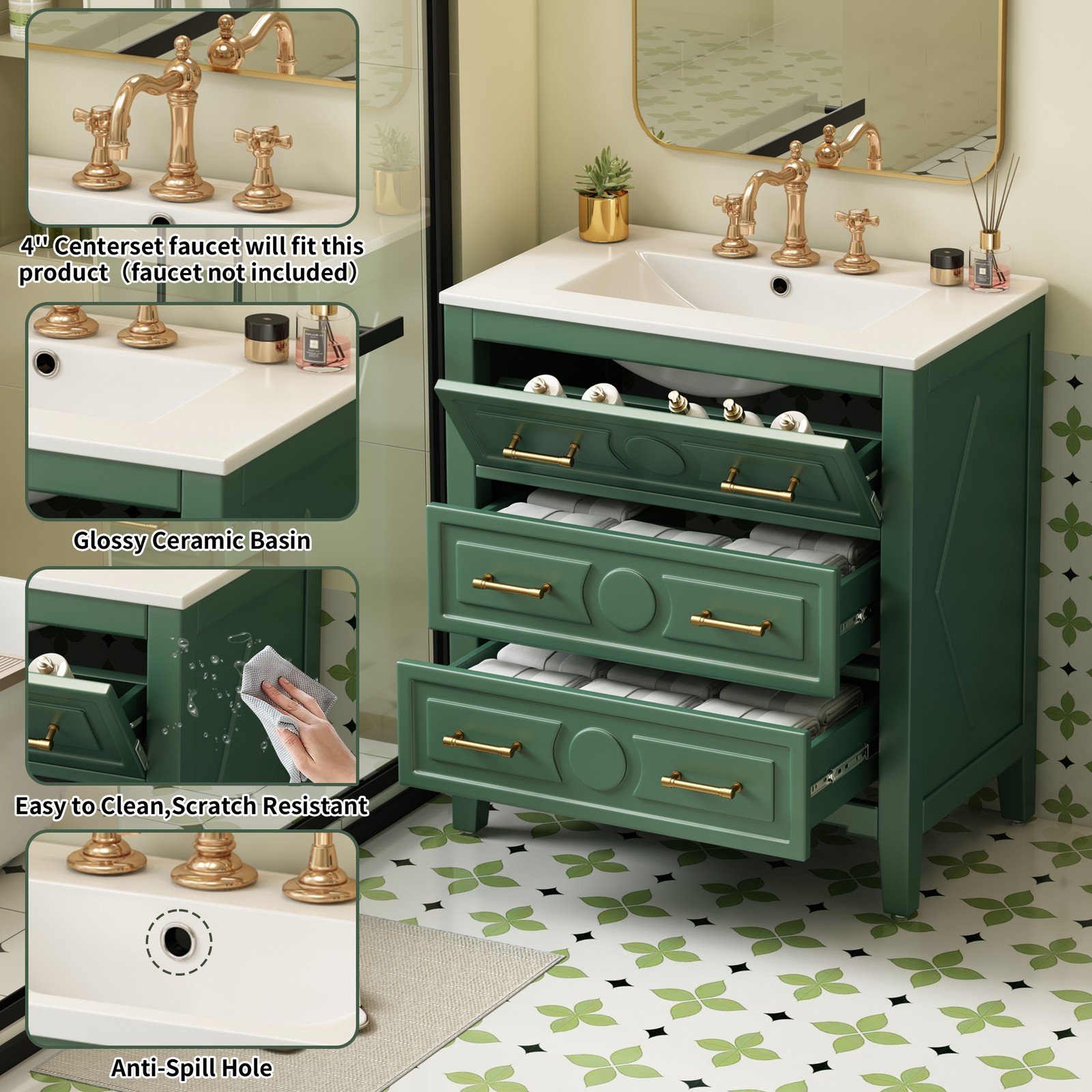 30″ Green Bathroom Vanity with Ceramic Sink, 3 Drawers, Solid Wood