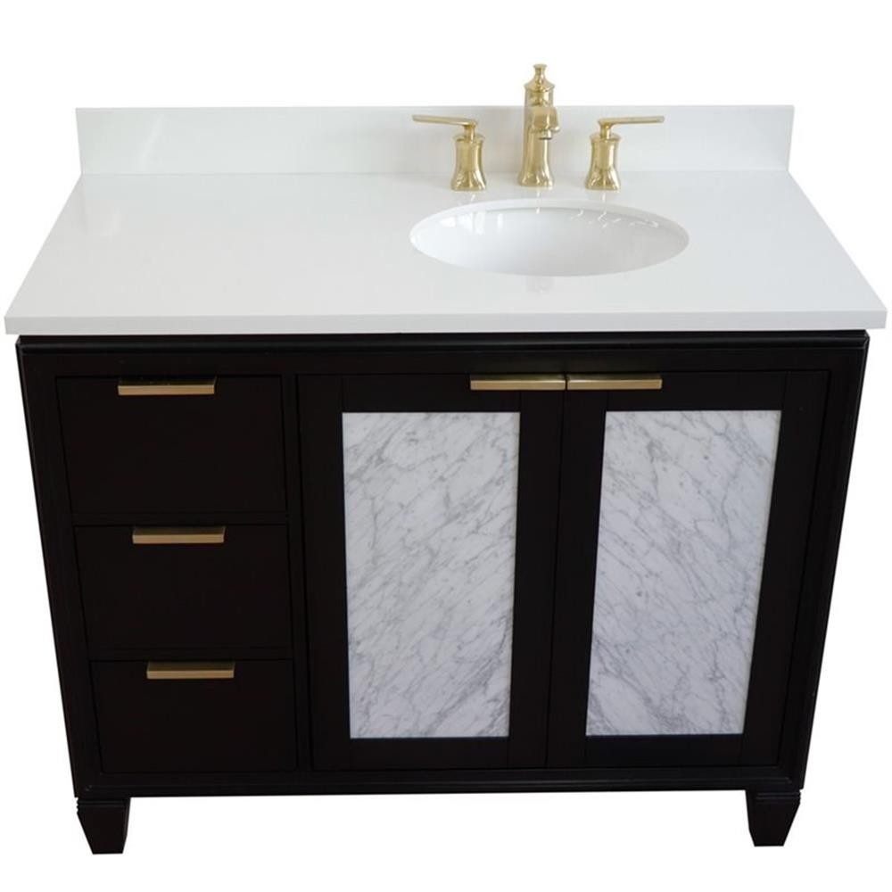 Pemberly Row 43″ Solid Wood Vanity w/ Right Oval Sink in Blue/White Quartz Stone