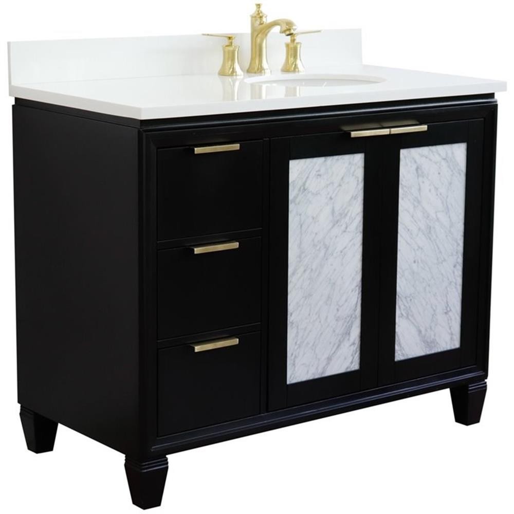 Pemberly Row 43″ Solid Wood Vanity w/ Right Oval Sink in Blue/White Quartz Stone