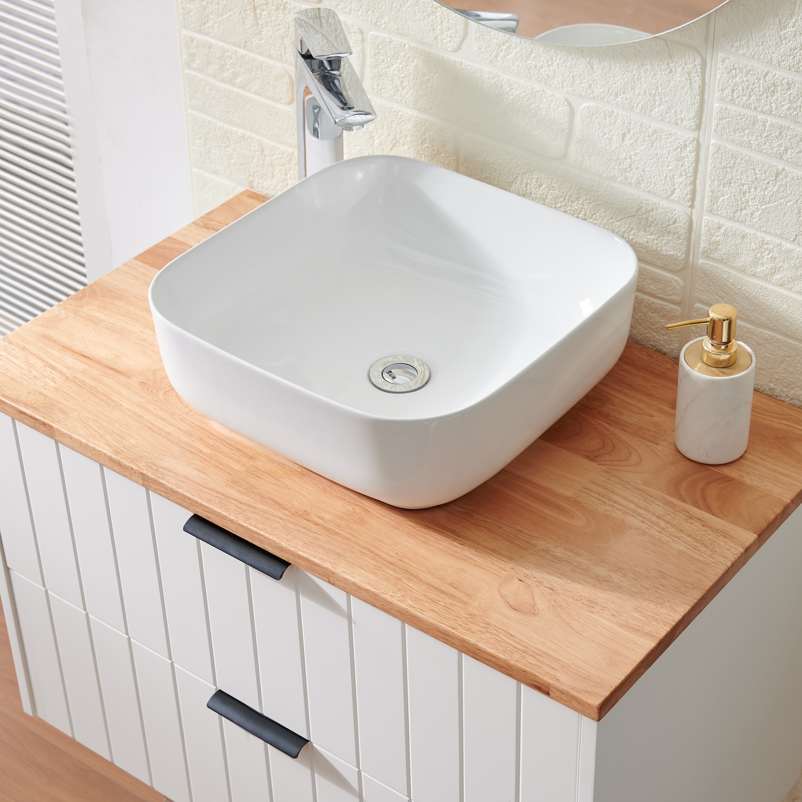 32″ Double Drawer Wall-Mounted Bathroom Vanity,White Cabinet w/Ceramic Sink