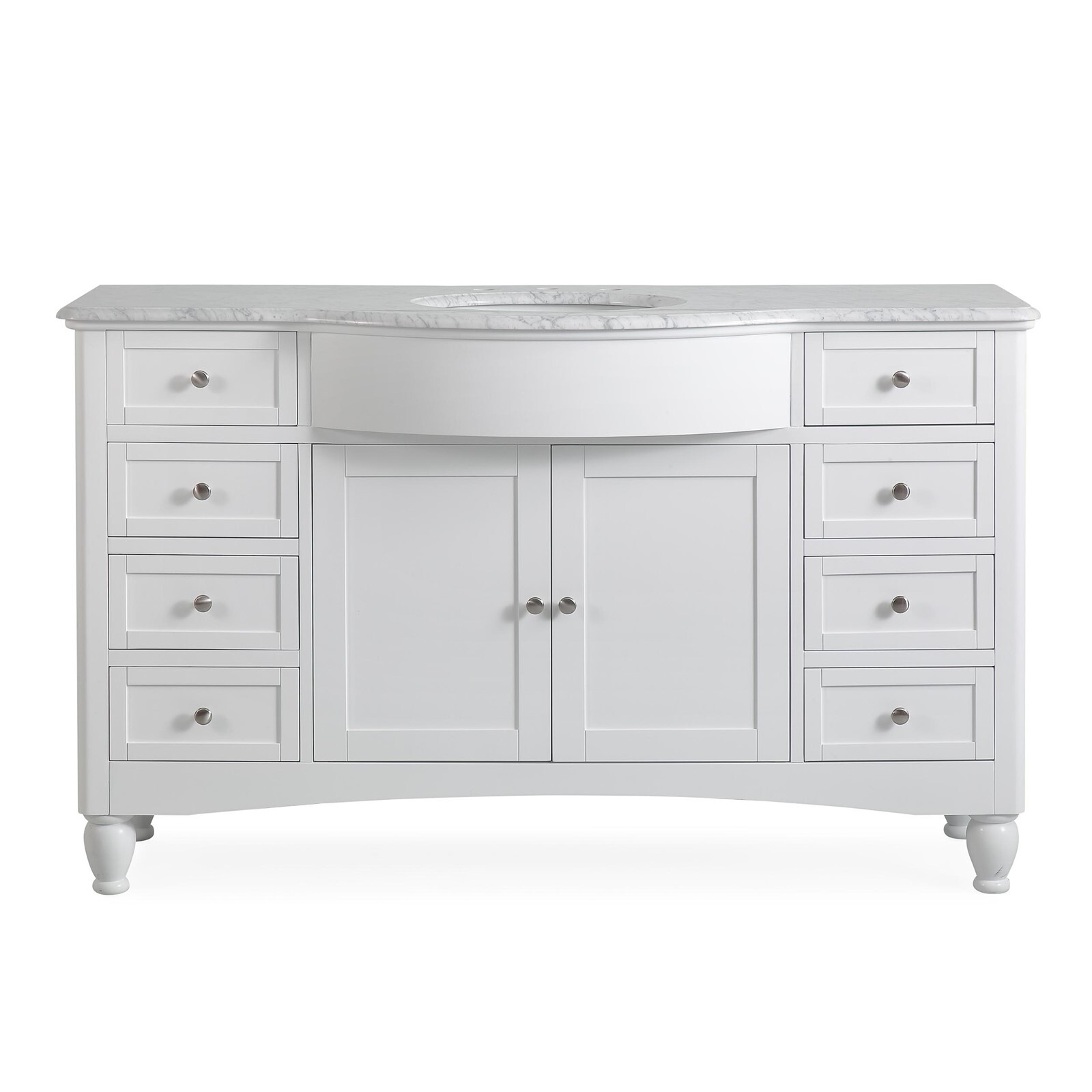 58″ White Curved Front Single Bathroom Sink Vanity Single Bowl Stone Top Cabinet