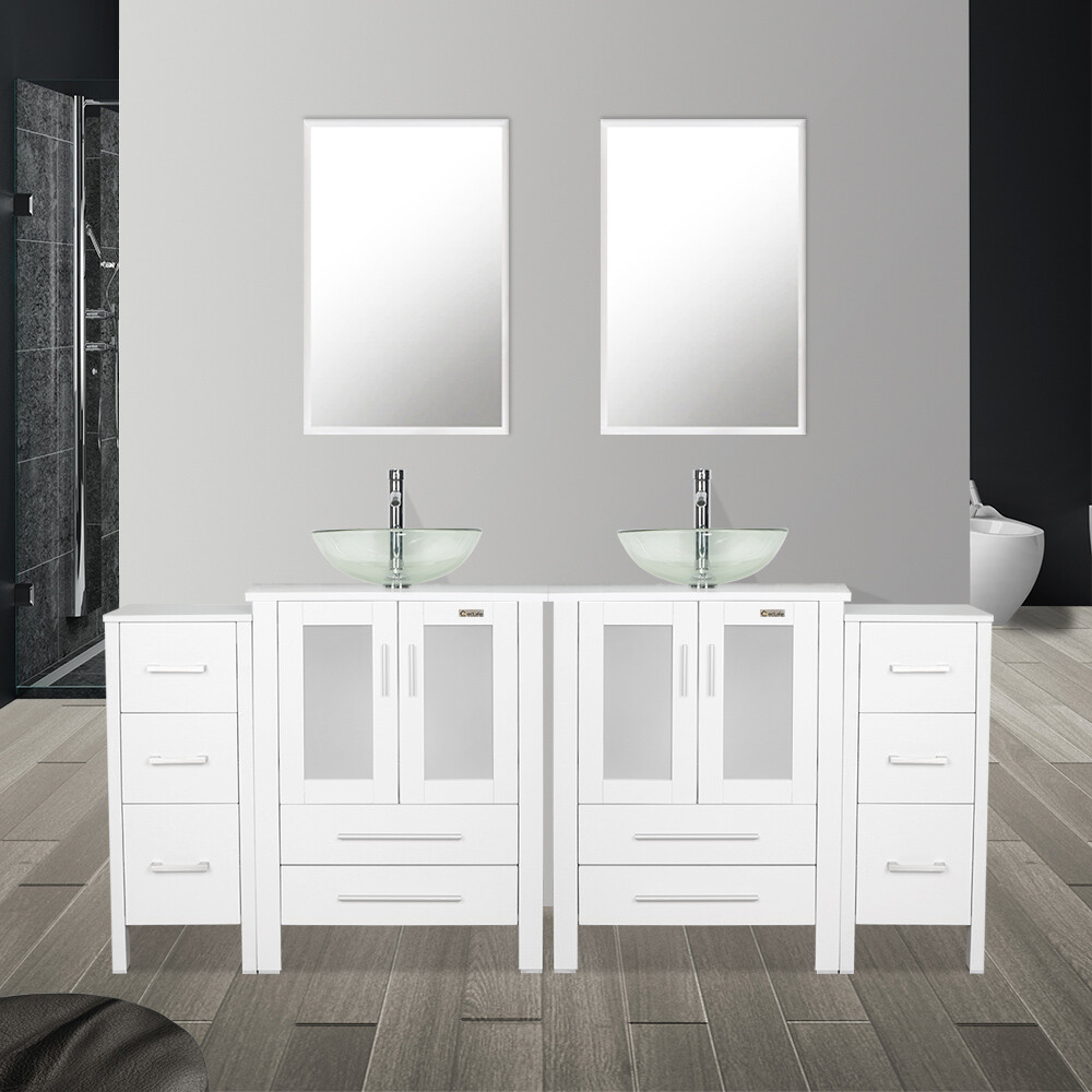 72″ Bathroom Vanity Set Tempered Clear Glass Vessel Sink No Mirror White Combo
