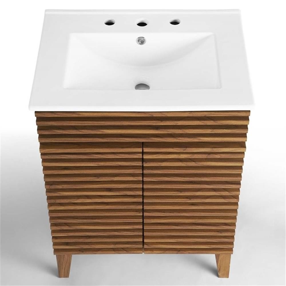 Maklaine Contemporary Wood Bathroom Vanity in Walnut and White