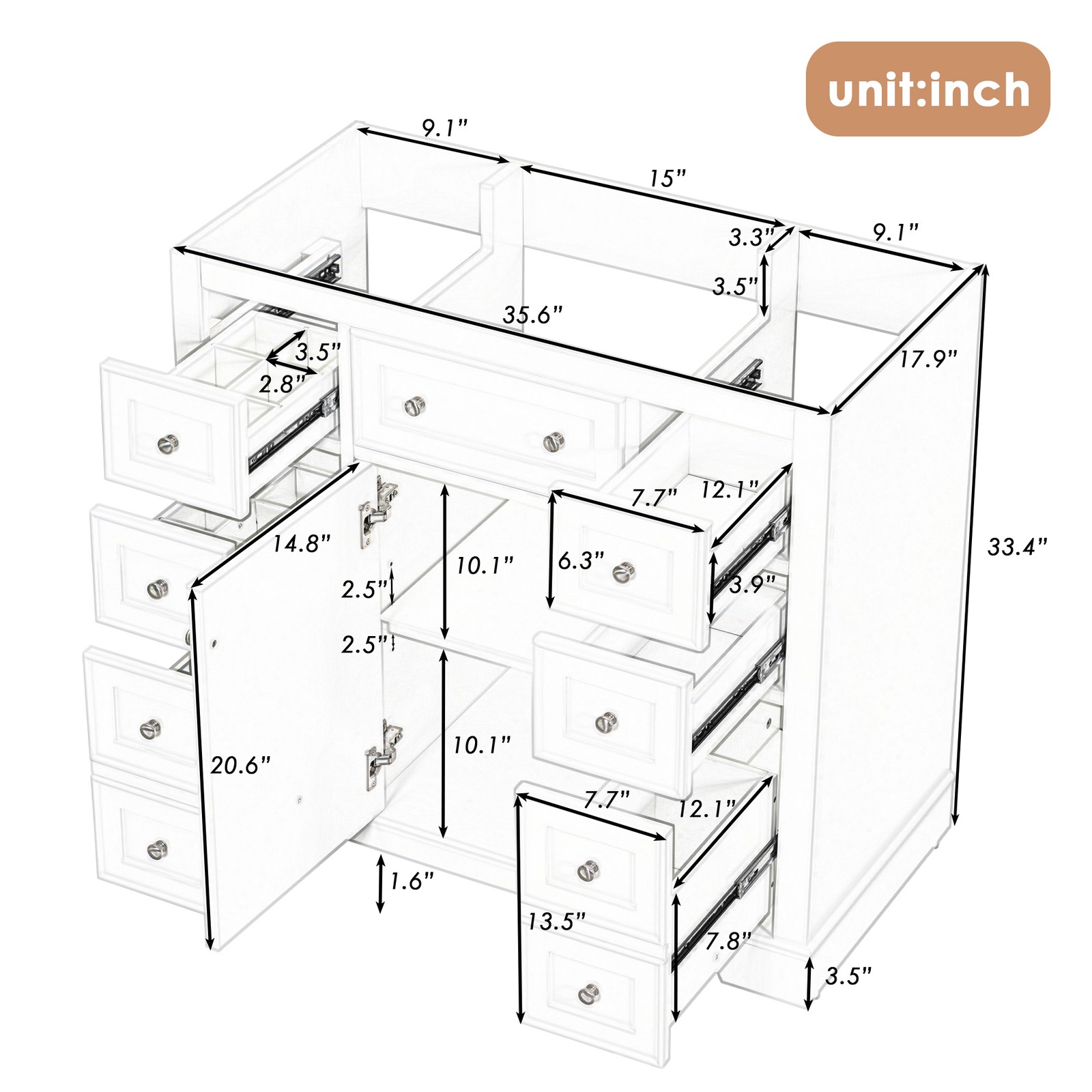 36″ White Bathroom Vanity Cabinet Base with 6 Drawers
